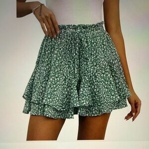 Green Floral Mini Skort